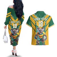 Custom Australia Rugby Couples Matching Off The Shoulder Long Sleeve Dress and Hawaiian Shirt Koala Mascot Sporty Style - Wonder Print Shop
