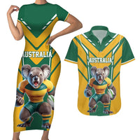 Custom Australia Rugby Couples Matching Short Sleeve Bodycon Dress and Hawaiian Shirt Koala Mascot Sporty Style - Wonder Print Shop