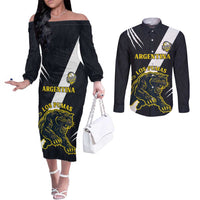 Custom Argentina Rugby Couples Matching Off The Shoulder Long Sleeve Dress and Long Sleeve Button Shirt Pumas Mascot - Wonder Print Shop