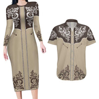 Vintage Western Cowboy Couples Matching Long Sleeve Bodycon Dress and Hawaiian Shirt Brown Version - Wonder Print Shop