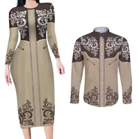 Vintage Western Cowboy Couples Matching Long Sleeve Bodycon Dress and Long Sleeve Button Shirt Brown Version - Wonder Print Shop