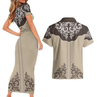 Vintage Western Cowboy Couples Matching Short Sleeve Bodycon Dress and Hawaiian Shirt Brown Version - Wonder Print Shop