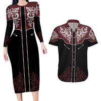 Vintage Western Cowboy Couples Matching Long Sleeve Bodycon Dress and Hawaiian Shirt Black Version - Wonder Print Shop