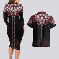 Vintage Western Cowboy Couples Matching Long Sleeve Bodycon Dress and Hawaiian Shirt Black Version - Wonder Print Shop