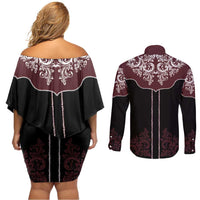 Vintage Western Cowboy Couples Matching Off Shoulder Short Dress and Long Sleeve Button Shirt Black Version - Wonder Print Shop
