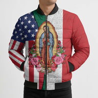 Guadalupe Virgin Mary Bomber Puffer Jacket Mexican American Flag - Wonder Print Shop