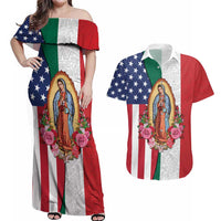 Guadalupe Virgin Mary Couples Matching Off Shoulder Maxi Dress and Hawaiian Shirt Mexican American Flag - Wonder Print Shop