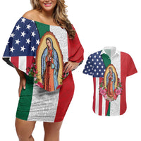 Guadalupe Virgin Mary Couples Matching Off Shoulder Short Dress and Hawaiian Shirt Mexican American Flag - Wonder Print Shop