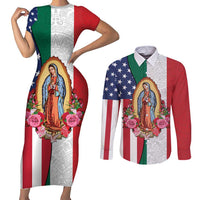 Guadalupe Virgin Mary Couples Matching Short Sleeve Bodycon Dress and Long Sleeve Button Shirt Mexican American Flag - Wonder Print Shop