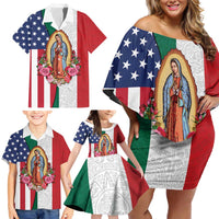 Guadalupe Virgin Mary Family Matching Off Shoulder Short Dress and Hawaiian Shirt Mexican American Flag - Wonder Print Shop