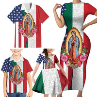 Guadalupe Virgin Mary Family Matching Short Sleeve Bodycon Dress and Hawaiian Shirt Mexican American Flag - Wonder Print Shop