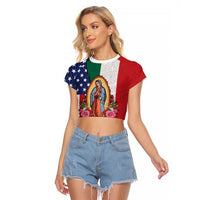 Guadalupe Virgin Mary Raglan Cropped T Shirt Mexican American Flag - Wonder Print Shop
