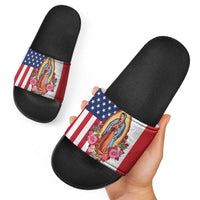 Guadalupe Virgin Mary Slide Sandals Mexican American Flag - Wonder Print Shop