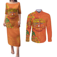 Happy Diwali India Couples Matching Puletasi and Long Sleeve Button Shirt With Rangoli Patterns - Wonder Print Shop