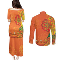 Happy Diwali India Couples Matching Puletasi and Long Sleeve Button Shirt With Rangoli Patterns - Wonder Print Shop
