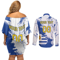 Custom Uruguay Independence Day Couples Matching Off Shoulder Short Dress and Long Sleeve Button Shirt Sol de Mayo With Grunge Urban - Wonder Print Shop