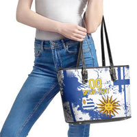 Custom Uruguay Independence Day Leather Tote Bag Sol de Mayo With Grunge Urban - Wonder Print Shop
