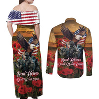 US Veterans Day American Army Couples Matching Off Shoulder Maxi Dress and Long Sleeve Button Shirt With Poppy Flowers - Wonder Print Shop