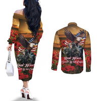 US Veterans Day American Army Couples Matching Off The Shoulder Long Sleeve Dress and Long Sleeve Button Shirt With Poppy Flowers