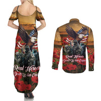 US Veterans Day American Army Couples Matching Summer Maxi Dress and Long Sleeve Button Shirt With Poppy Flowers - Wonder Print Shop