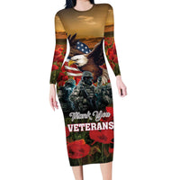 US Veterans Day American Army Long Sleeve Bodycon Dress With Poppy Flowers - Wonder Print Shop