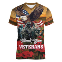 US Veterans Day American Army Women V-Neck T-Shirt With Poppy Flowers - Wonder Print Shop