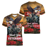 US Veterans Day American Army Women V-Neck T-Shirt With Poppy Flowers - Wonder Print Shop