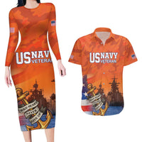 Custom US Navy Veteran Couples Matching Long Sleeve Bodycon Dress and Hawaiian Shirt With Camouflage Pattern - Wonder Print Shop
