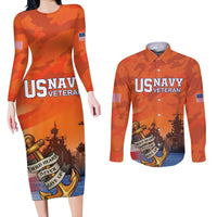 Custom US Navy Veteran Couples Matching Long Sleeve Bodycon Dress and Long Sleeve Button Shirt With Camouflage Pattern - Wonder Print Shop