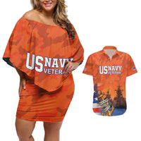 Custom US Navy Veteran Couples Matching Off Shoulder Short Dress and Hawaiian Shirt With Camouflage Pattern - Wonder Print Shop