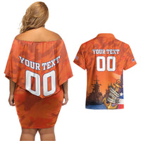Custom US Navy Veteran Couples Matching Off Shoulder Short Dress and Hawaiian Shirt With Camouflage Pattern - Wonder Print Shop