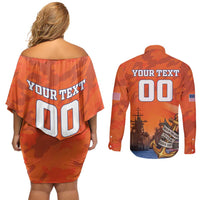 Custom US Navy Veteran Couples Matching Off Shoulder Short Dress and Long Sleeve Button Shirt With Camouflage Pattern - Wonder Print Shop