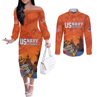 Custom US Navy Veteran Couples Matching Off The Shoulder Long Sleeve Dress and Long Sleeve Button Shirt With Camouflage Pattern