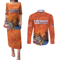 Custom US Navy Veteran Couples Matching Puletasi and Long Sleeve Button Shirt With Camouflage Pattern - Wonder Print Shop