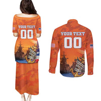Custom US Navy Veteran Couples Matching Puletasi and Long Sleeve Button Shirt With Camouflage Pattern - Wonder Print Shop