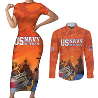 Custom US Navy Veteran Couples Matching Short Sleeve Bodycon Dress and Long Sleeve Button Shirt With Camouflage Pattern - Wonder Print Shop