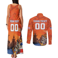 Custom US Navy Veteran Couples Matching Tank Maxi Dress and Long Sleeve Button Shirt With Camouflage Pattern - Wonder Print Shop
