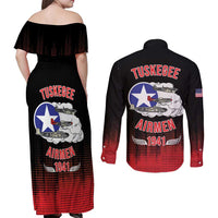 Tuskegee Airmen Red Tails Couples Matching Off Shoulder Maxi Dress and Long Sleeve Button Shirt 332nd Fighter Group WWII Tribute Black Style - Wonder Print Shop