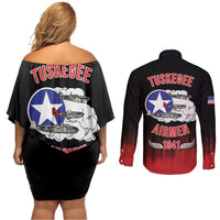 Tuskegee Airmen Red Tails Couples Matching Off Shoulder Short Dress and Long Sleeve Button Shirt 332nd Fighter Group WWII Tribute Black Style - Wonder Print Shop