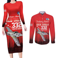 Tuskegee Airmen Red Tails Couples Matching Long Sleeve Bodycon Dress and Long Sleeve Button Shirt 332nd Fighter Group WWII Tribute Red Style - Wonder Print Shop