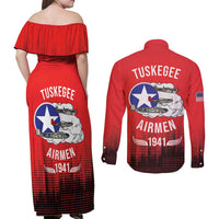 Tuskegee Airmen Red Tails Couples Matching Off Shoulder Maxi Dress and Long Sleeve Button Shirt 332nd Fighter Group WWII Tribute Red Style - Wonder Print Shop