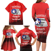 Tuskegee Airmen Red Tails Family Matching Long Sleeve Bodycon Dress and Hawaiian Shirt 332nd Fighter Group WWII Tribute Red Style - Wonder Print Shop