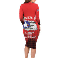 Tuskegee Airmen Red Tails Family Matching Long Sleeve Bodycon Dress and Hawaiian Shirt 332nd Fighter Group WWII Tribute Red Style - Wonder Print Shop