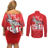 Tuskegee Airmen Red Tails Couples Matching Off Shoulder Short Dress and Long Sleeve Button Shirt African American Pilots Heritage Red Style - Wonder Print Shop
