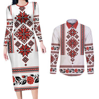 Ukraine Unity Day Couples Matching Long Sleeve Bodycon Dress and Long Sleeve Button Shirt The Trident With Folk Pattern - Wonder Print Shop