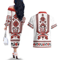 Ukraine Unity Day Couples Matching Off The Shoulder Long Sleeve Dress and Hawaiian Shirt The Trident With Folk Pattern - Wonder Print Shop