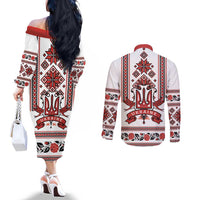 Ukraine Unity Day Couples Matching Off The Shoulder Long Sleeve Dress and Long Sleeve Button Shirt The Trident With Folk Pattern