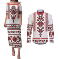 Ukraine Unity Day Couples Matching Puletasi and Long Sleeve Button Shirt The Trident With Folk Pattern - Wonder Print Shop
