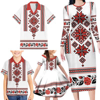 Ukraine Unity Day Family Matching Long Sleeve Bodycon Dress and Hawaiian Shirt The Trident With Folk Pattern - Wonder Print Shop