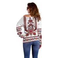 Ukraine Unity Day Off Shoulder Sweater The Trident With Folk Pattern - Wonder Print Shop